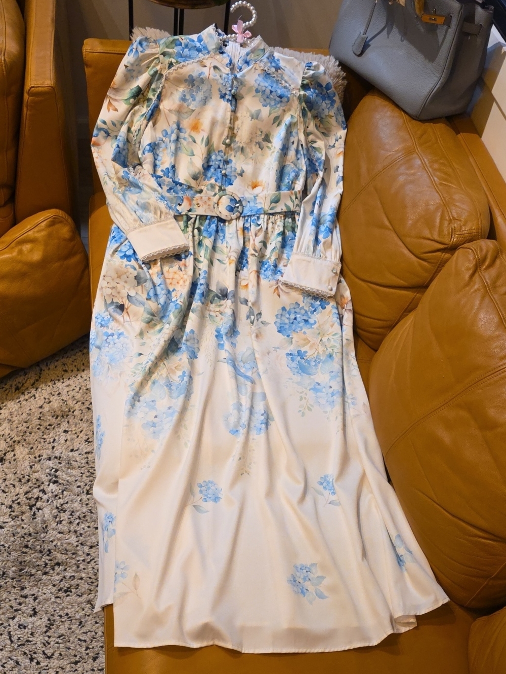 Cream Maxi Dress with Blue Floral Print and Belt